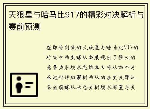 天狼星与哈马比917的精彩对决解析与赛前预测